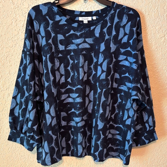 Chico's Size 2 Navy Blue Half Moon Pattern Cotton Casual Top Women's Size L - Picture 1 of 11